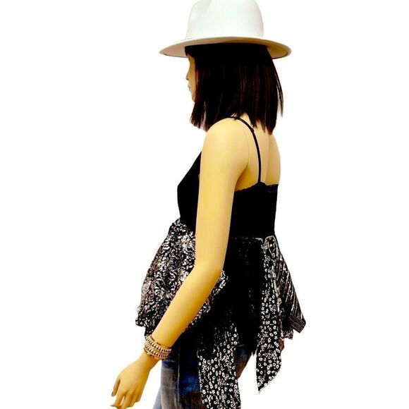 Black Silk White Lace Multi Layer Asymmetrical Floral Lace Cami Tank Top - Picture 5 of 8